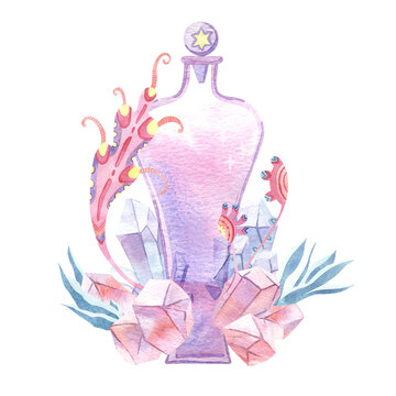 Watercolor magic heart-shaped bottle with crystals and floral elements. Glass perfume flask, elixir or poison. Valentine's Day design.
