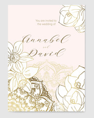 Wedding invitation template with a beautiful golden outline of spring flowers and mandala on a light background.