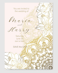Golden outline of the mandala and beautiful spring flowers on a pink background. Wedding invitation template.