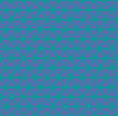 Seamless pattern of drawn Very peri triangles on a green background. For fabric, sketchbook, wallpaper, wrapping paper.