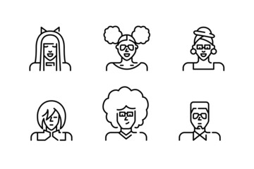Profile pictures set. Anime cosplay teens, man with afro hair, girl with curly buns, girl in a turban. Pixel perfect, editable stroke icons