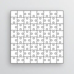 Puzzle pieces set. Jigsaw grid. Thinking mosaic game with 8x8 details. Simple background with 64 separate shapes. Laser cut frame. Bussines banner. Vector illustration.