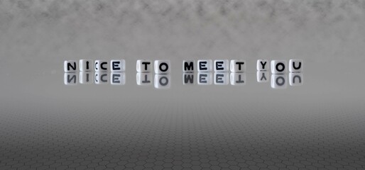 nice to meet you word or concept represented by black and white letter cubes on a grey horizon...