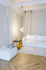 Fototapeta na wymiar White sofa with carpet and table Cozy premium interior