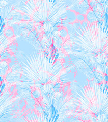 watercolor seamless pattern with dry palm leaves and dry flower on blue background for textile and wrapping paper. mix of tropical silhouettes for modern summer design