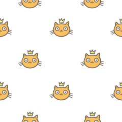 Seamless pattern with cute cats on white background. Funny animals wallpaper. Vector doodle kittens print.