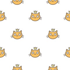 Seamless pattern with cute cats on white background. Funny animals wallpaper. Vector doodle kittens print.