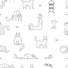 Seamless pattern with cute cats on white background. Funny animals wallpaper. Vector doodle kittens print.