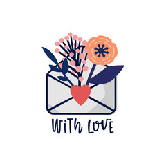 Vector illustration of a flower arrangement in a mail envelope and lettering composition. For Valentine's Day. Poster for the interior, postcard, congratulation. In hand-drawn style