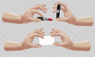 Cartoon 3d hands with white paper and lipstick. Realistic vector Hand . Peace sign, ok sign tap, point out hand, high five hand Men and women arms Decoration 3d object isolated. Vector illustration