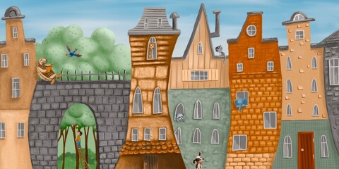 A small painted city. Colorful houses. A fabulous city. Children's interior Wallpaper. Mural for the walls. Wallpapers for the room, interior  © Irina Shi