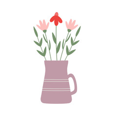 Floral home decor flowers in abstract ceramic pot. Illustration for floristic cards, gift tags, shops, 8 of March and Easter decor, wedding gifts and invitation. Hand drawn flat style.