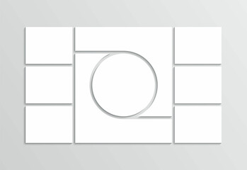 Moodboard template. Photo collage layout. Mood board grid. Mosaic pictures frame. Retro gallery banner. Album brandboard with circle. Portfolio images isolated on gray background. Vector illustration