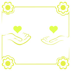 Abstraction for Valentine's Day. Male and female hand offer their hearts. Golden background and frame.