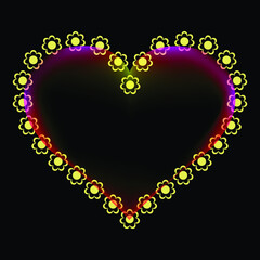 Greeting card for Valentine's Day. Banner for the holiday. Heart surrounded by flowers. Black background
