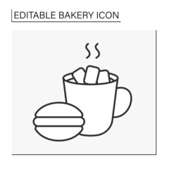  Baking line icon. Whoopie pie dessert with hot cocoa. Tasty sweet dessert. Bakery concept. Isolated vector illustration.Editable stroke