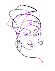 Continuous one line drawing. Abstract portrait of young African woman in minimalistic modern style