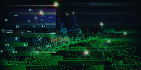 Obraz premium Abstract technology background with polygonal diagram grid and color stars on dark. Analytics data algorithms. Computing concept. Big Data. Banner for business, science and technology.