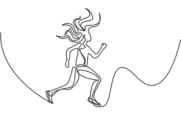 a beautiful woman is running and her hair is flying in the air.