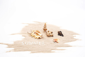Summer mood creative arrangement. Beautiful seashells, summer - word on white sands. 