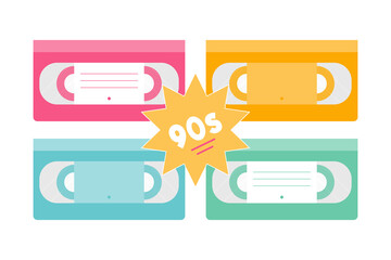 Set, collection of cute colorful cartoon style VHS video tapes in 80s, 90s style.
