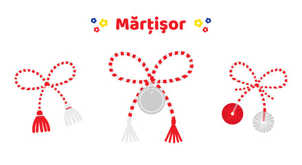 Set, collection of three martisor talismans, gifts, traditional accessories for holiday of early spring in Romania and Moldova.
