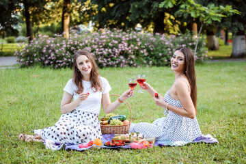 Beautiful girls, girlfriends, sisters having picnic in the park in summer.
