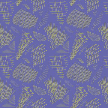 Seamless vector pattern. Abstract chaotic background of chaotic yellow lines, in the form of shapeless shapes on a purple background. For packaging, fabric, wallpaper and other things.