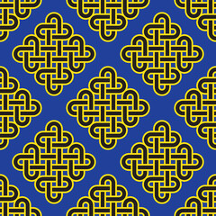 Seamless pattern with intertwined lines creating abstract square black and yellow squares on a blue background. Used for packaging, fabrics, backgrounds and other products.