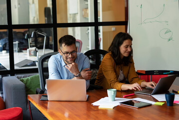 Colleagues in office. Businesswoman and businessman discussing work in office..
