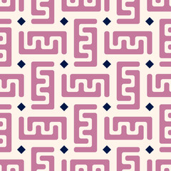 Seamless vector pattern. Abstract geometric background of rounded pink lines with blue squares on a beige background. Used for packaging, fabrics, backgrounds and other products.