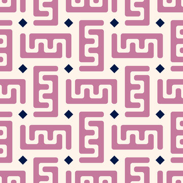 Seamless vector pattern. Abstract geometric background of rounded pink lines with blue squares on a beige background. Used for packaging, fabrics, backgrounds and other products.
