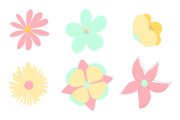 Vector set of isolated floral elements with hand drawn flowers on a white background.