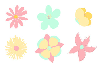 Vector set of isolated floral elements with hand drawn flowers on a white background.