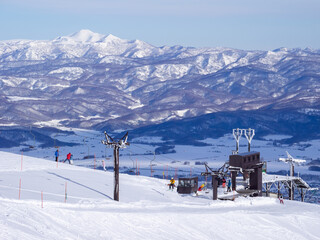 Ski resort with a snowy town and peaks in background (Niseko, Hokkaido, Japan)