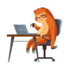 Lazy animal is programming on laptop. Sloth in cartoon style. © KurArt