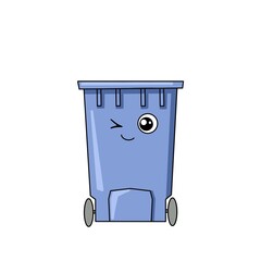 Container or recycle Bins for paper, plastic, glass and general trash. Concept of Separate Garbage collection. Flat illustration, doodle. Cartoon face style