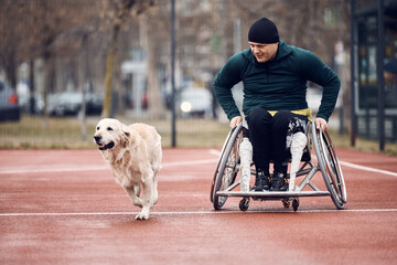 Wheelchair-bound athlete and his assistance dog on sports court outdoors.