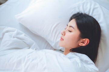 portrait asian woman lying in bed sleeping at home, health care lifestyles concept.