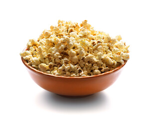 Popcorn in a bowl on a white background