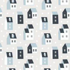 Seamless pattern with cute houses. Vector. - 486238112