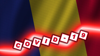 Fototapeta premium Romania Wavy Fabric Flag, Covid-19 Coronavirus Title, 3D Illustration