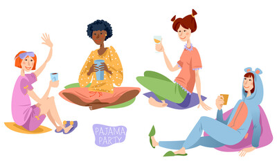 Four multiracial girls at a slumber party. Pajama party