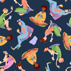Four multiracial girls at a slumber party. Pajama party. Seamless background pattern