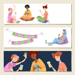 Set of 3 banners with multiracial girls at a slumber party. Pajama party