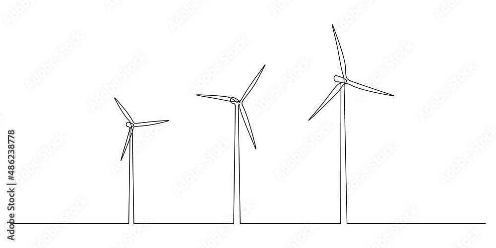Wall mural wind turbines and windmill in one continuous line drawing. green energy and renewable source of powe