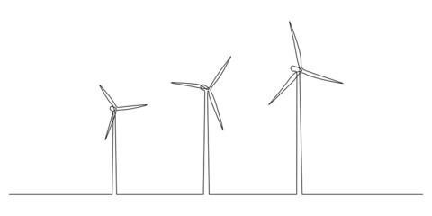 Wind turbines and windmill in one continuous line drawing. Green energy and renewable source of power concept in simple linear style. Editable stroke. Vector illustration