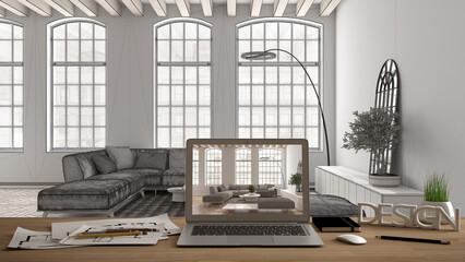 Architect designer desktop concept, laptop on wooden work desk with screen showing interior design project, blueprint draft background, modern living room with large sofa and windows