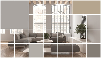 Geometric square mosaic graphic effect with copy space for text, presentation template, mockup idea,modern living room with large sofa and big windows, concept interior design