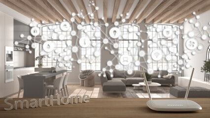 Wi-Fi wireless router on wooden table, smart home, geometric background with connected line and dots showing internet of things system, home automation concept over modern living room